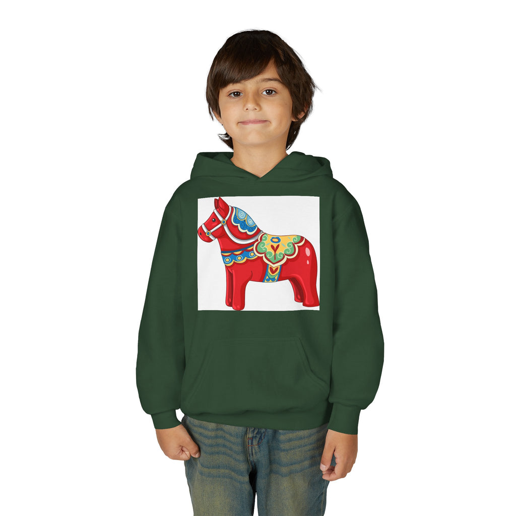 Dala Horse Youth Hoodie — Scandinavian Red Folk Art Kids Sweatshirt
