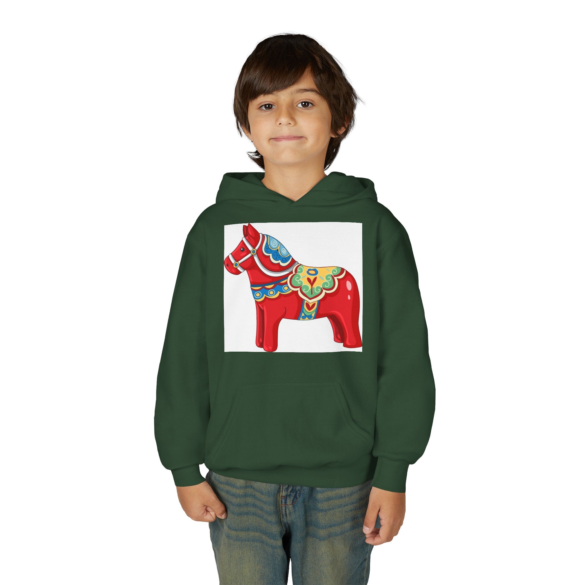 Dala Horse Youth Hoodie — Scandinavian Red Folk Art Kids Sweatshirt