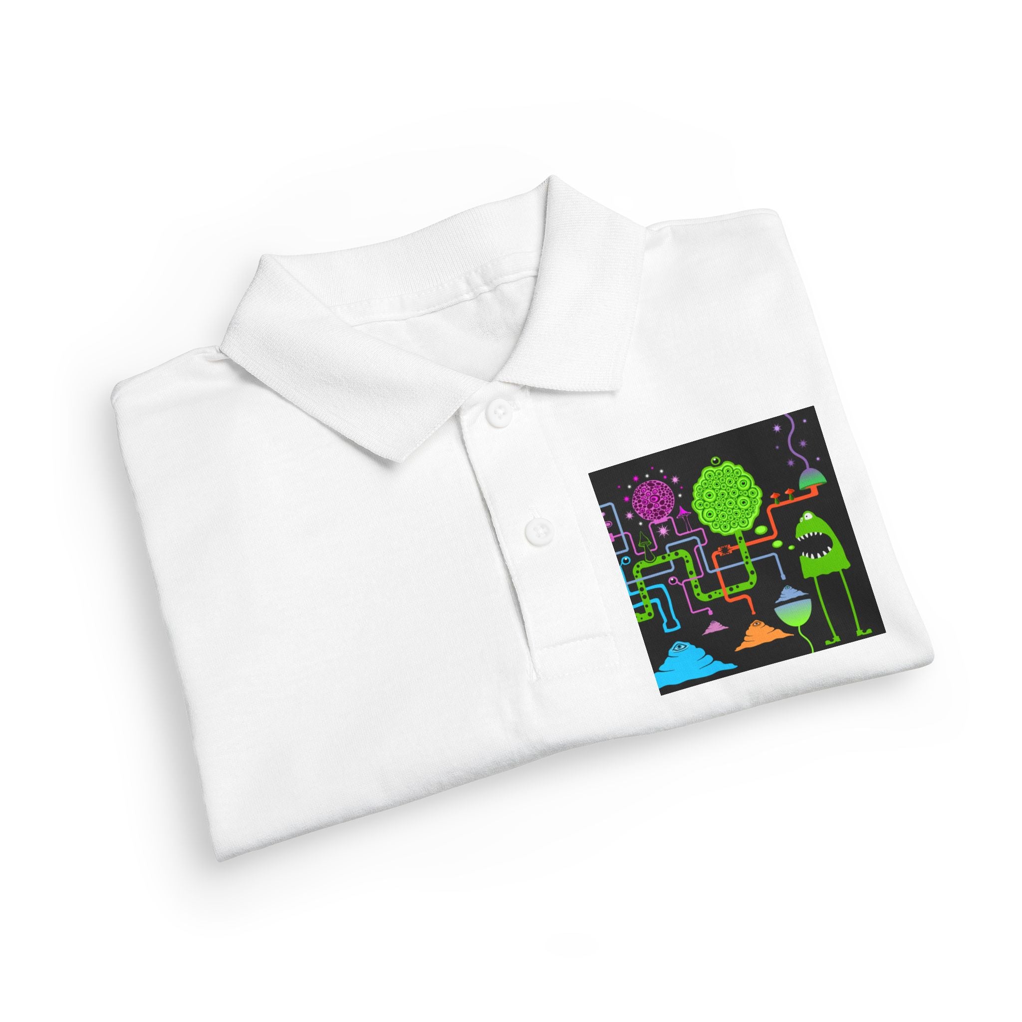 Youth Polo — Neon Space Garden Graphic Chest Pocket