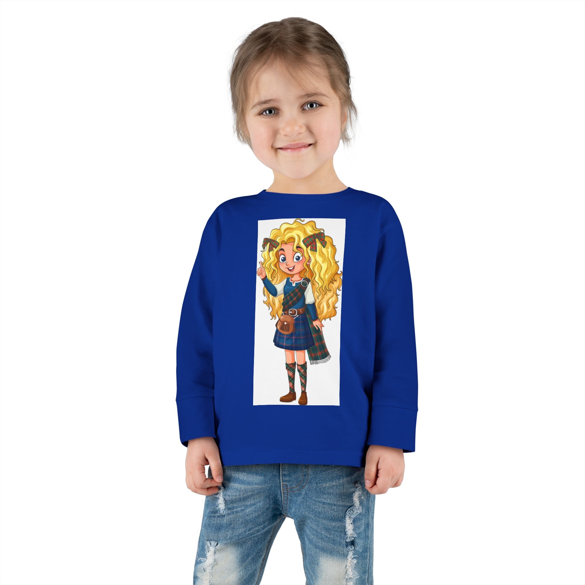 Cute Scottish Girl Toddler Long Sleeve Tee — Brave Princess Kilt Design