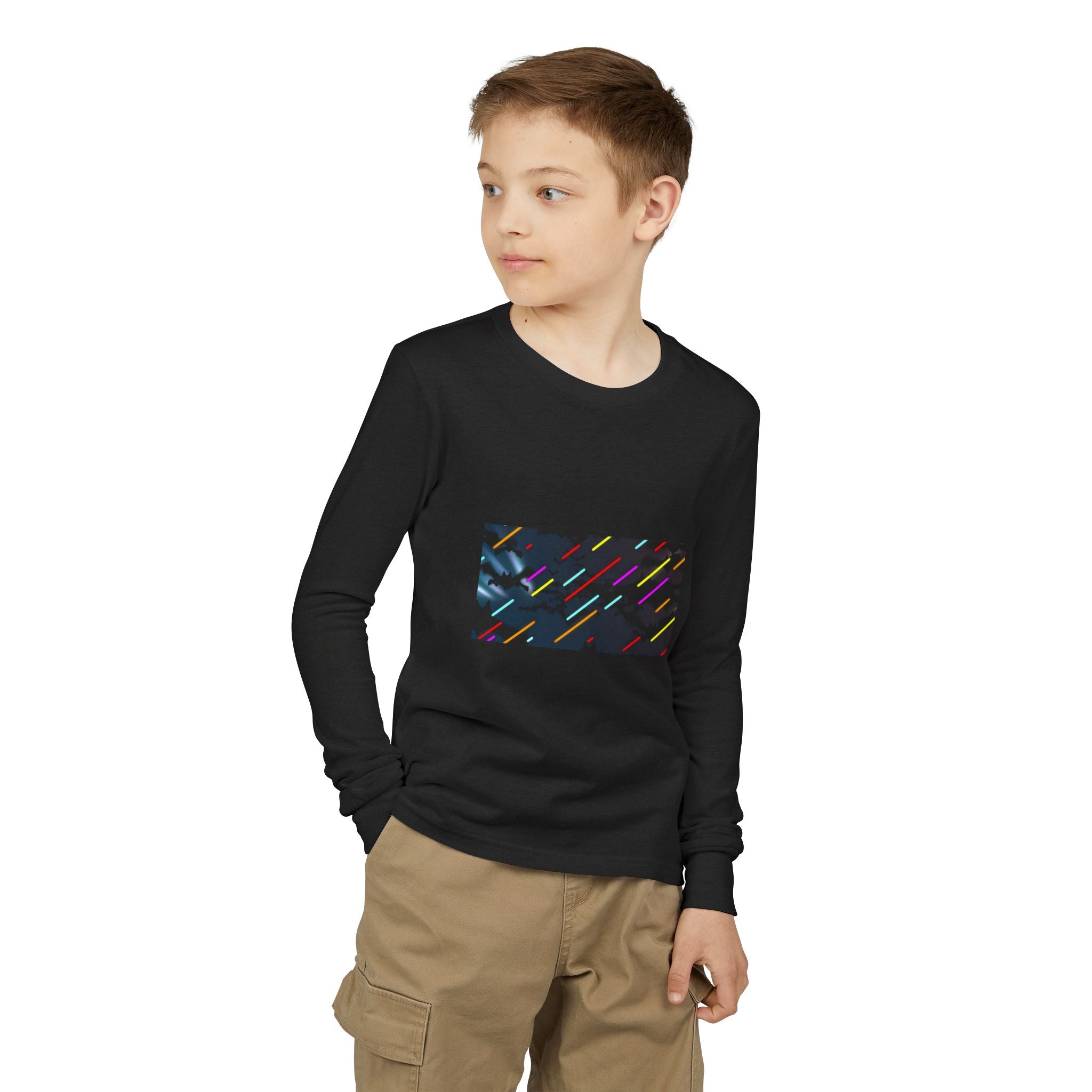 Youth Long Sleeve Tee — Neon Comet Stripe Graphic