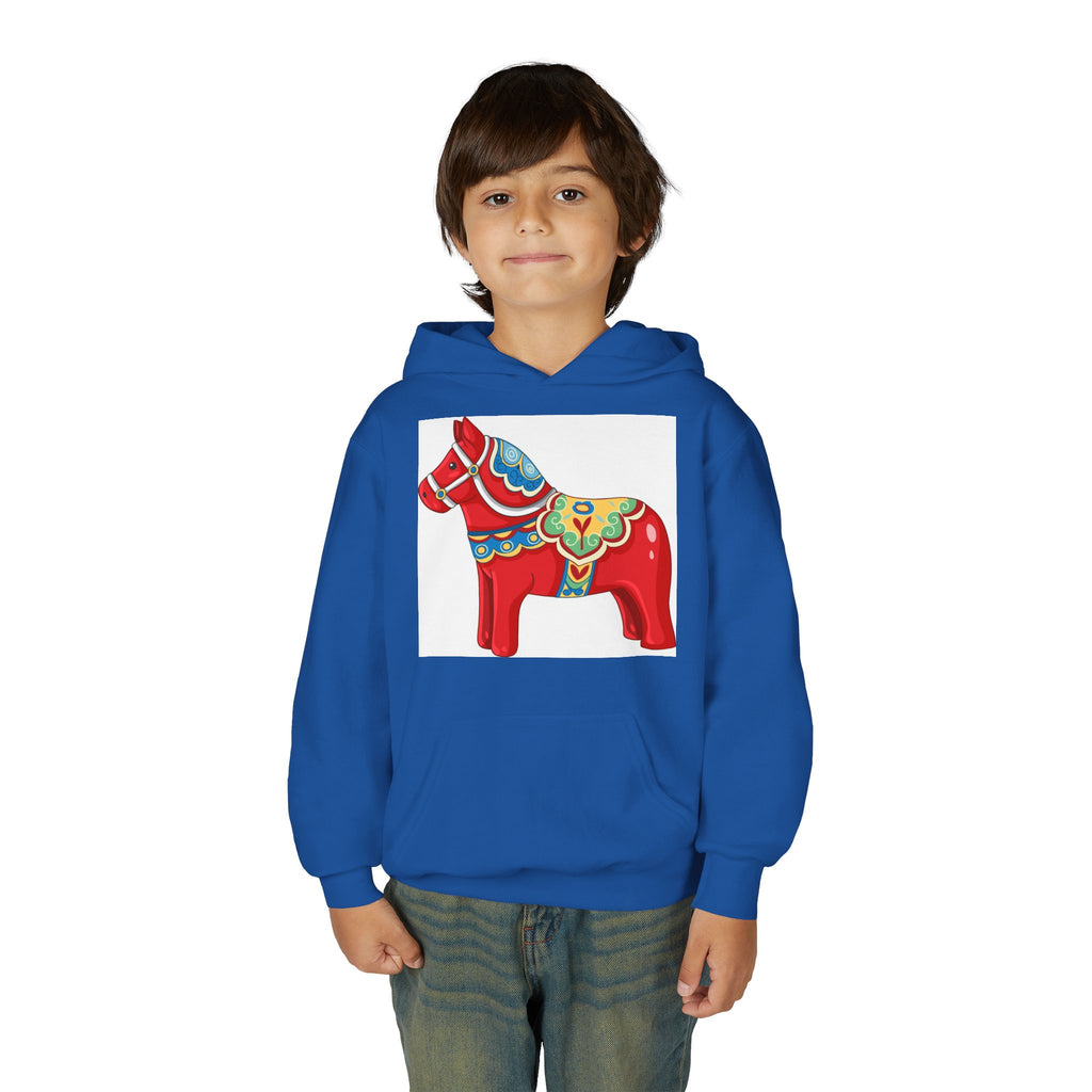 Dala Horse Youth Hoodie — Scandinavian Red Folk Art Kids Sweatshirt