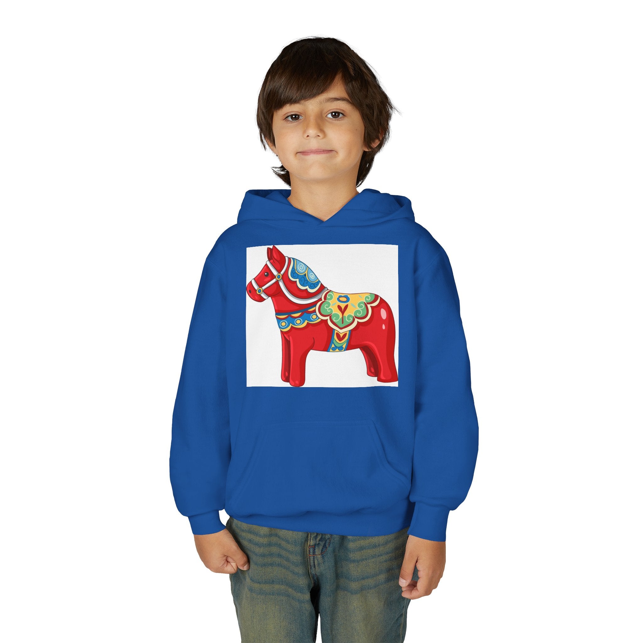 Dala Horse Youth Hoodie — Scandinavian Red Folk Art Kids Sweatshirt