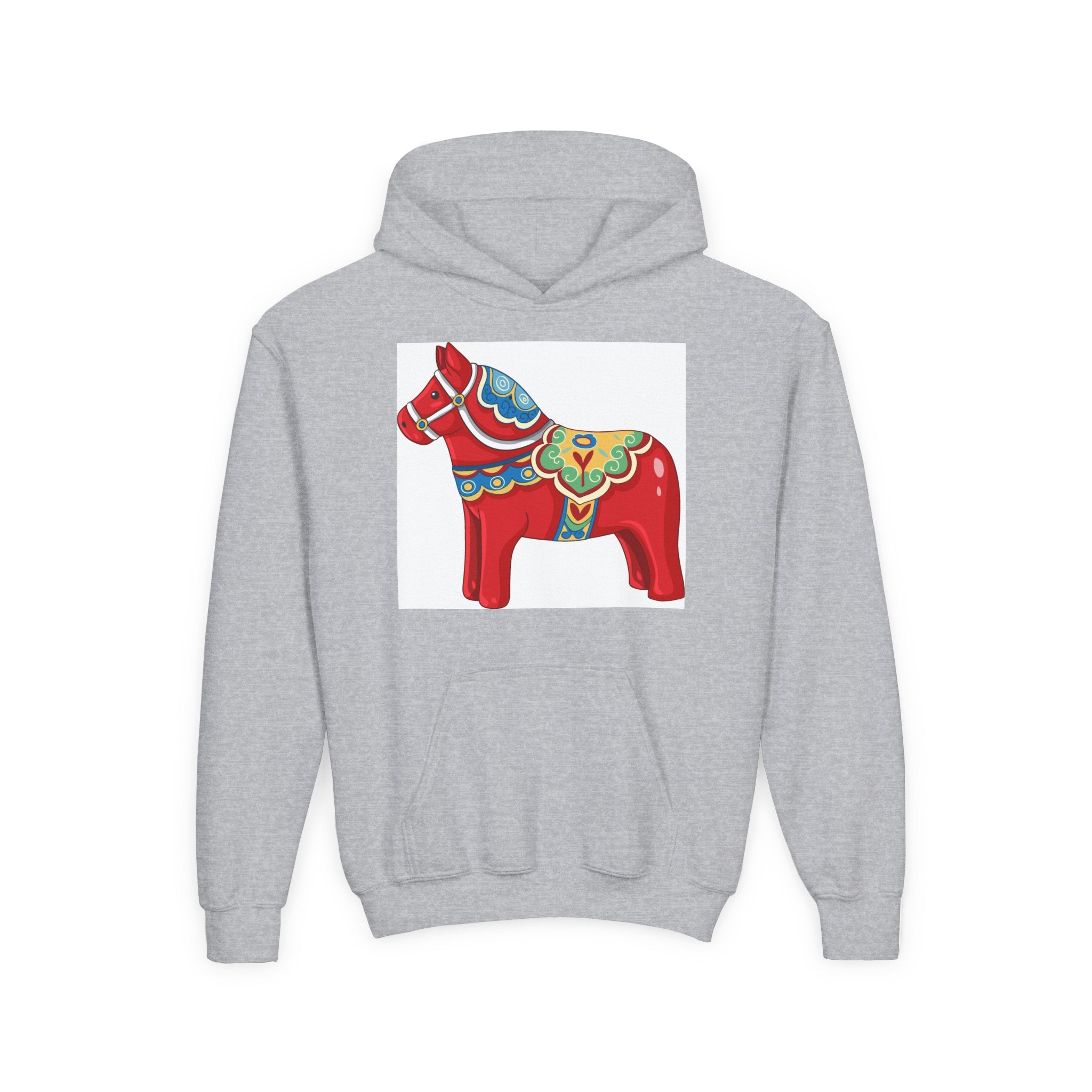 Dala Horse Youth Hoodie — Scandinavian Red Folk Art Kids Sweatshirt