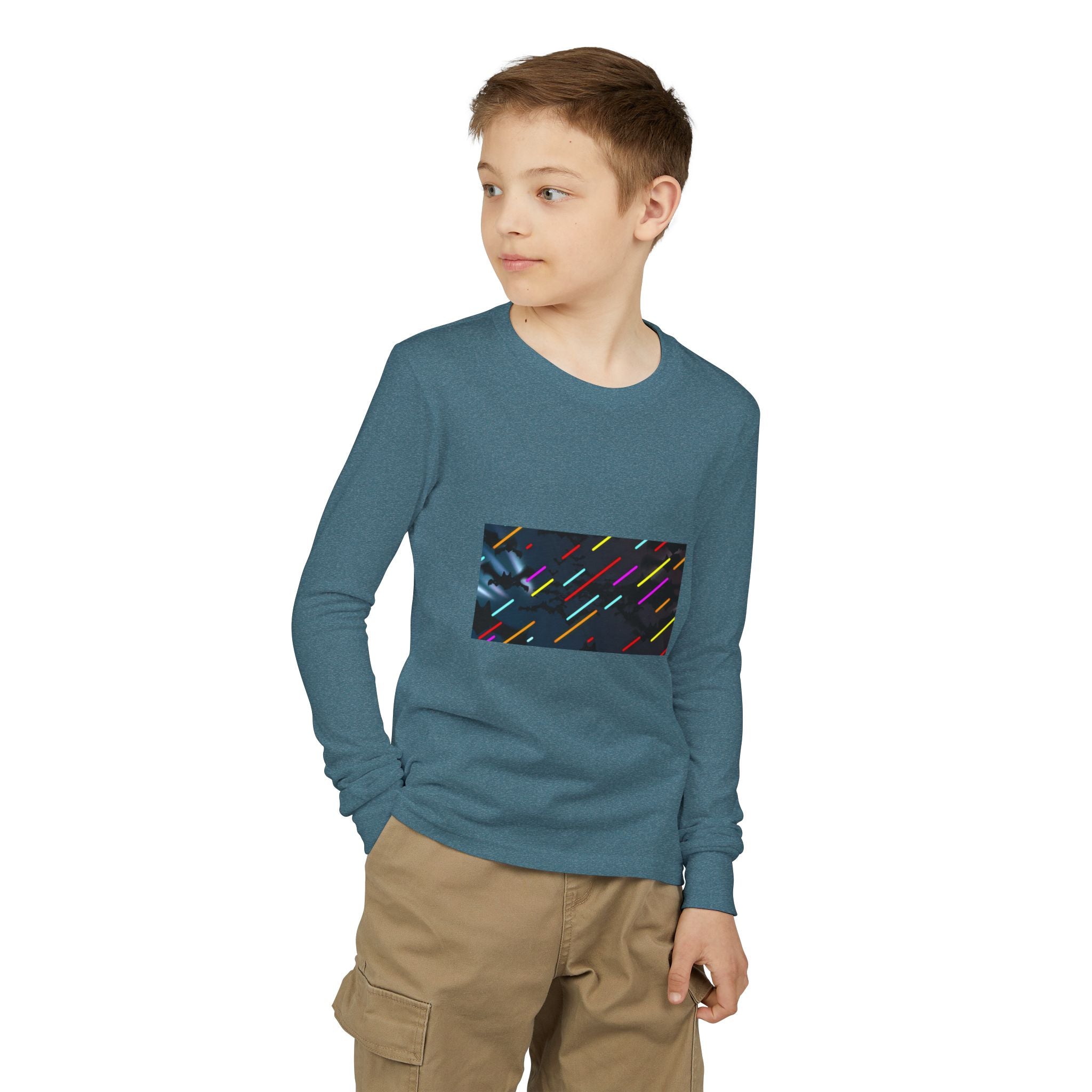 Youth Long Sleeve Tee — Neon Comet Stripe Graphic