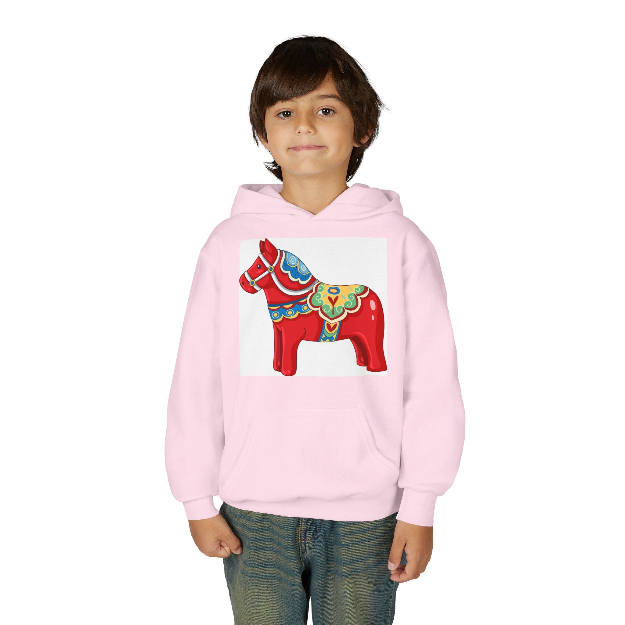 Dala Horse Youth Hoodie — Scandinavian Red Folk Art Kids Sweatshirt