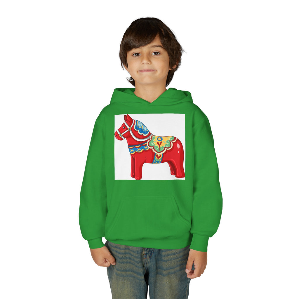 Dala Horse Youth Hoodie — Scandinavian Red Folk Art Kids Sweatshirt