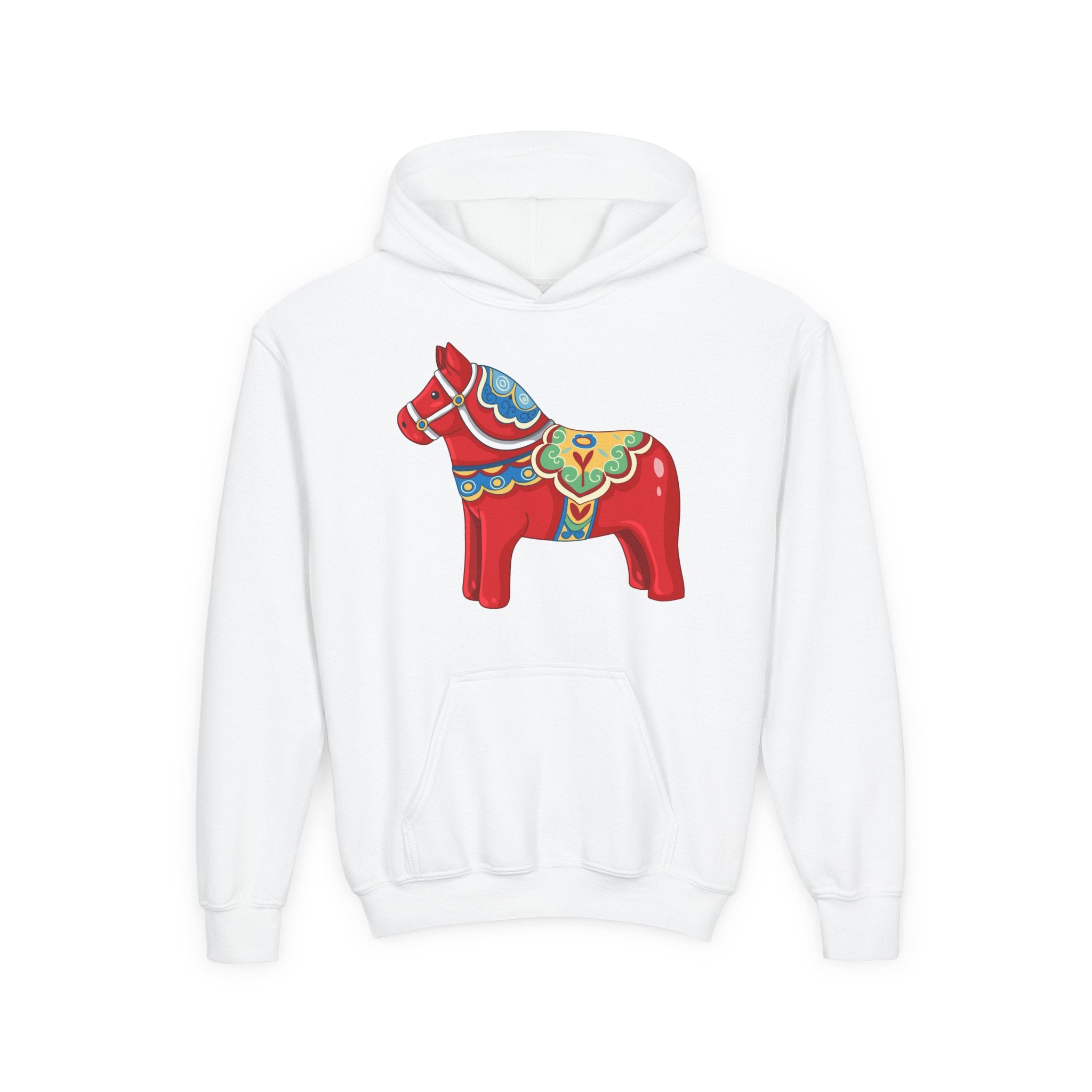 Dala Horse Youth Hoodie — Scandinavian Red Folk Art Kids Sweatshirt