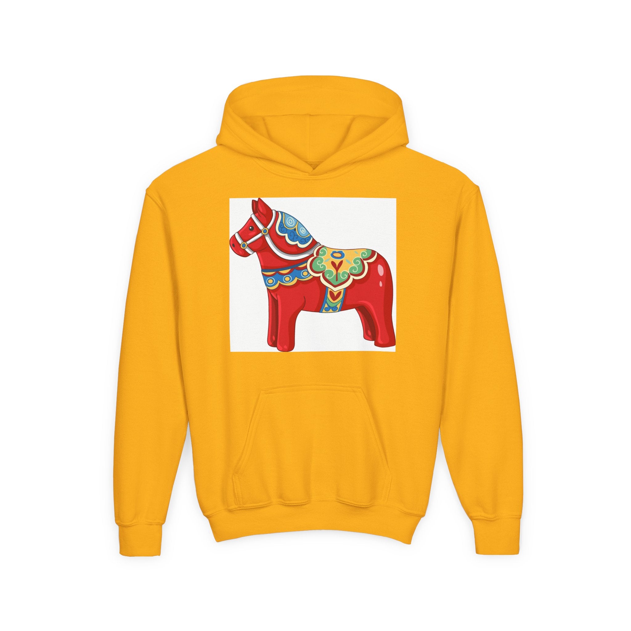 Dala Horse Youth Hoodie — Scandinavian Red Folk Art Kids Sweatshirt