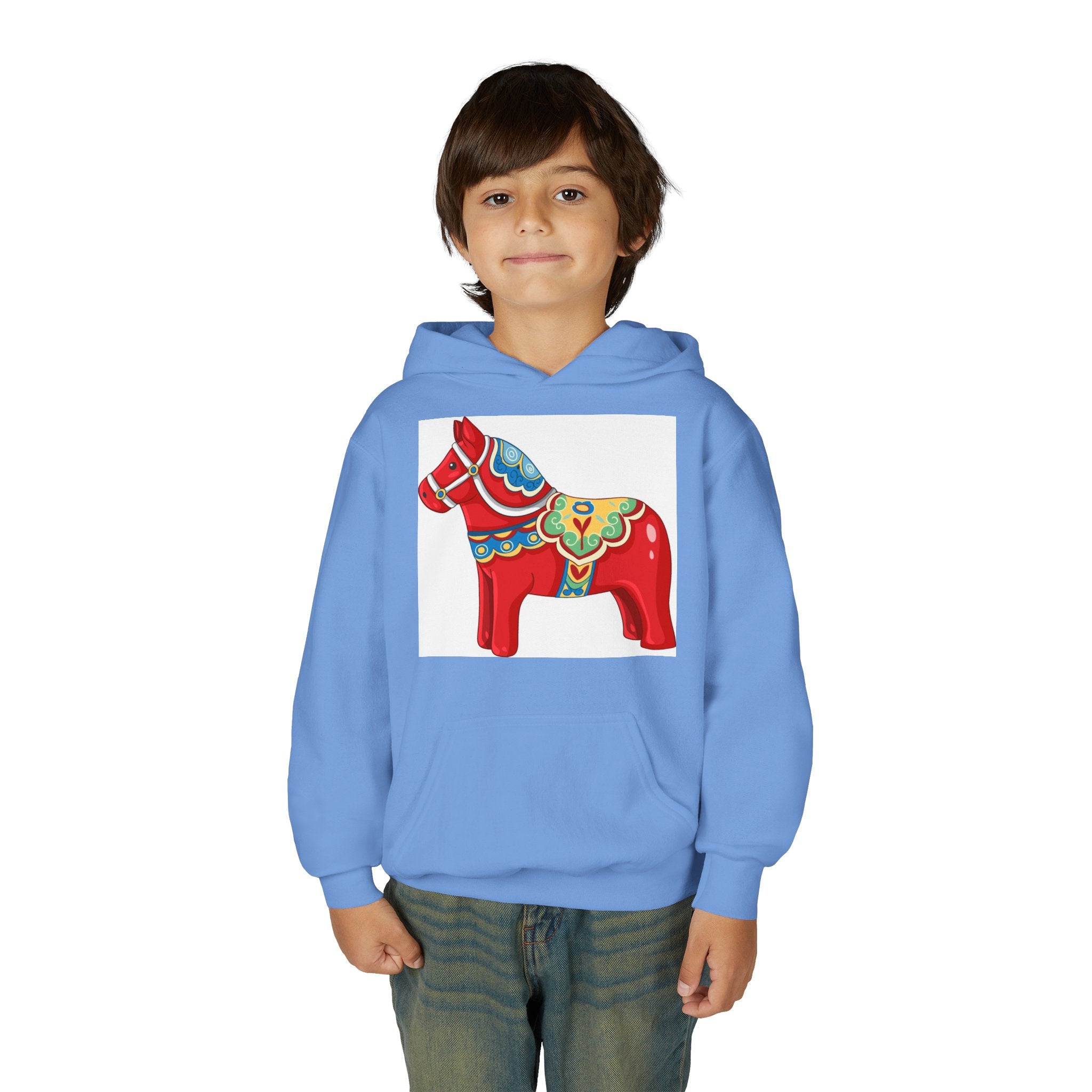 Dala Horse Youth Hoodie — Scandinavian Red Folk Art Kids Sweatshirt