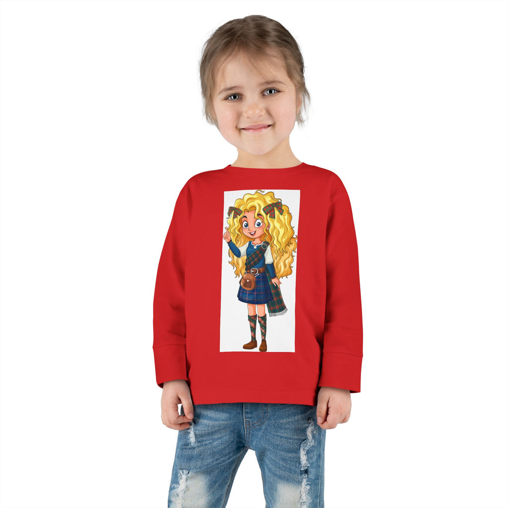 Cute Scottish Girl Toddler Long Sleeve Tee — Brave Princess Kilt Design