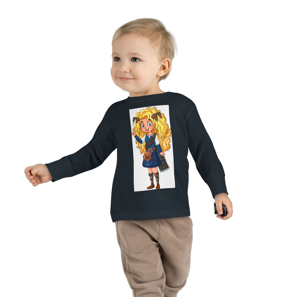 Cute Scottish Girl Toddler Long Sleeve Tee — Brave Princess Kilt Design